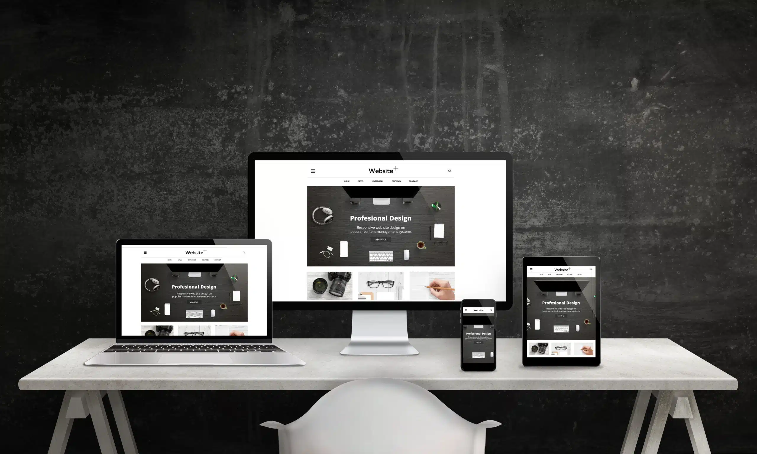 responsive web site promotion computer display laptop tablet smart phone modern clean web design white office desk with devices black wall background scaled